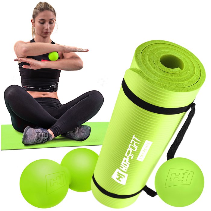 Fitness-Set Gymnastikmatte 1,5cm + Massagebälle Silikon - Limettengrün 